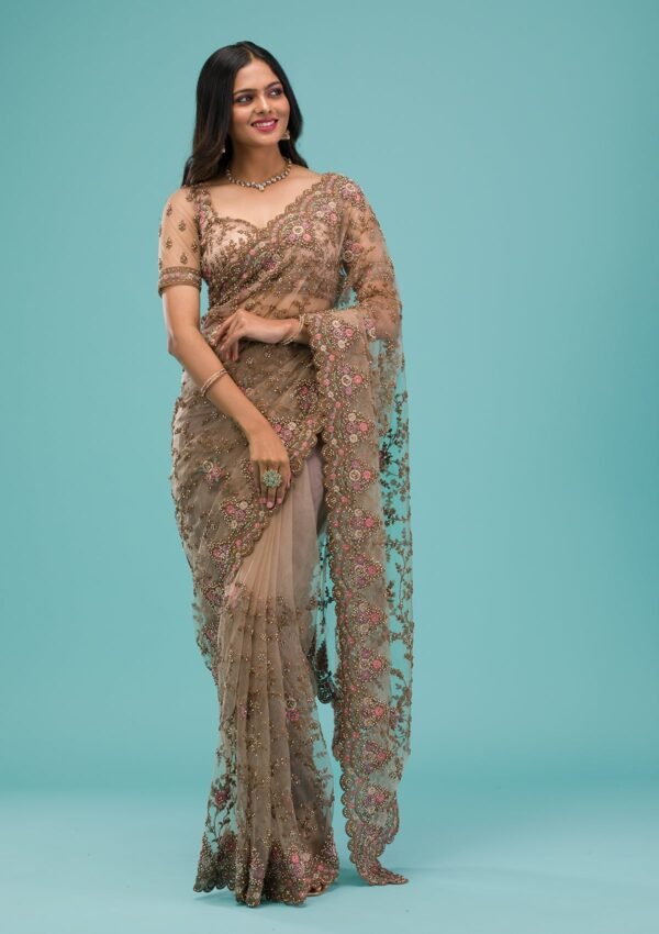 Elegant Beige Zariwork Net Saree