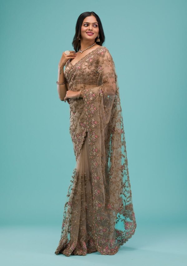 Elegant Beige Zariwork Net Saree - Image 5