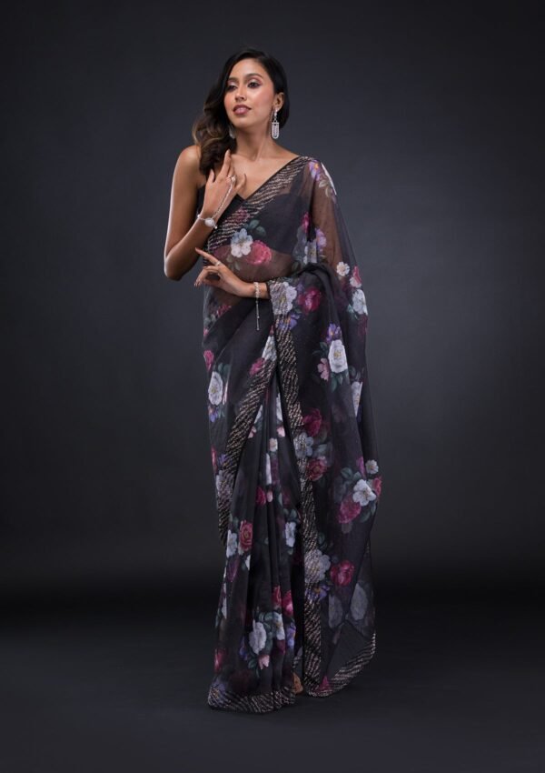 Elegant Black Floral Organza Saree for a Chic Look - Image 3