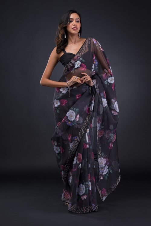 Elegant Black Floral Organza Saree for a Chic Look