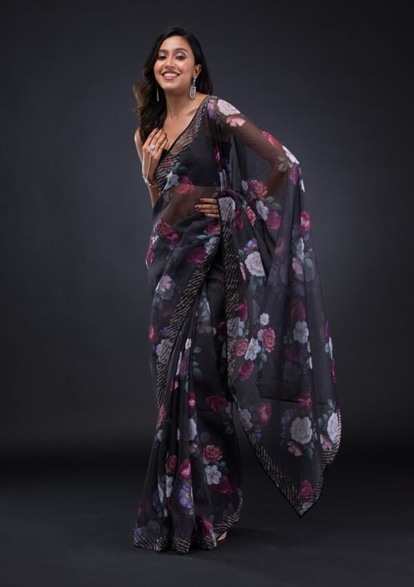 Elegant Black Floral Organza Saree for a Chic Look - Image 5