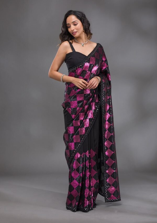 Elegant Black Georgette Saree with Dazzling Sequins - Image 3