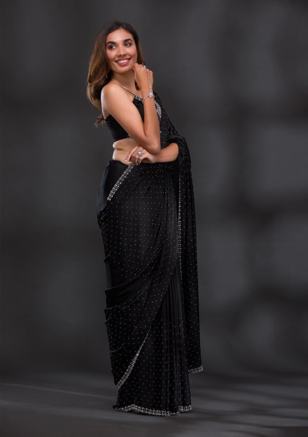 Elegant Black Satin Designer Saree with Stunning Stonework - Image 6