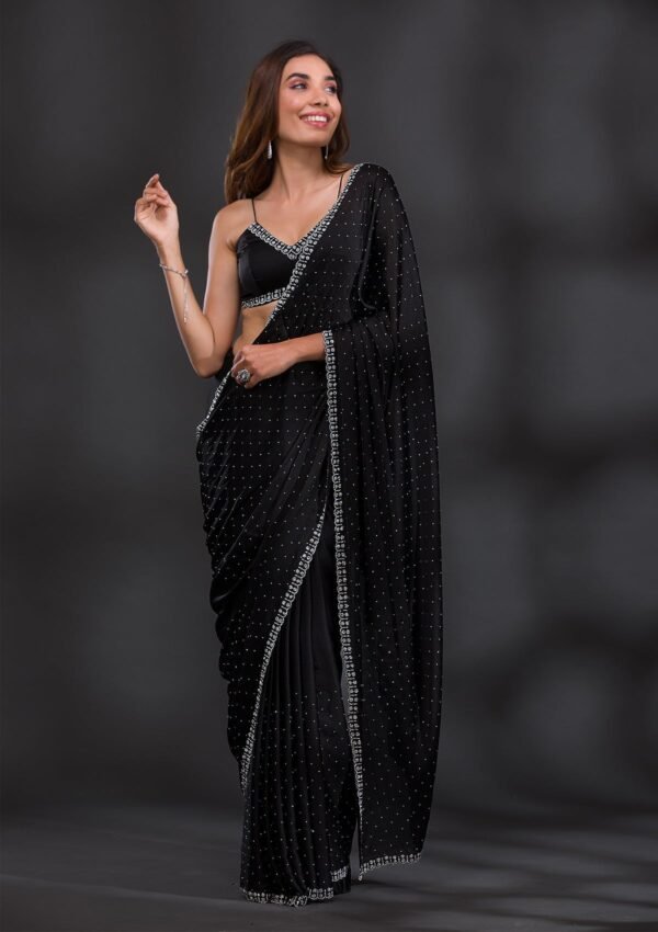 Elegant Black Satin Designer Saree with Stunning Stonework