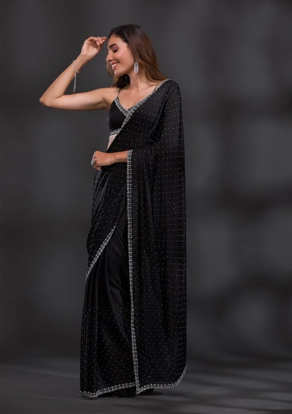 Elegant Black Satin Designer Saree with Stunning Stonework - Image 4