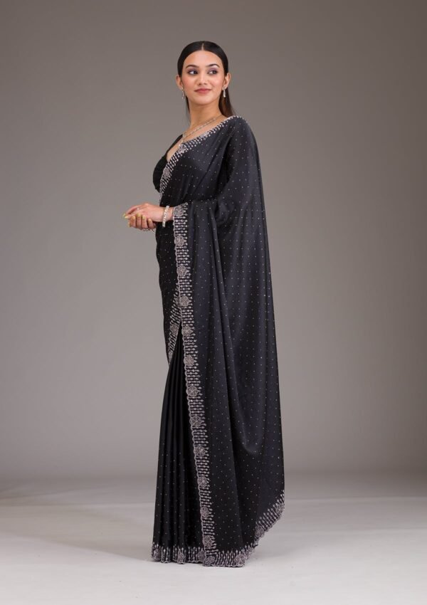 Elegant Black Satin Saree with Sparkling Swarovski Accents - Image 3