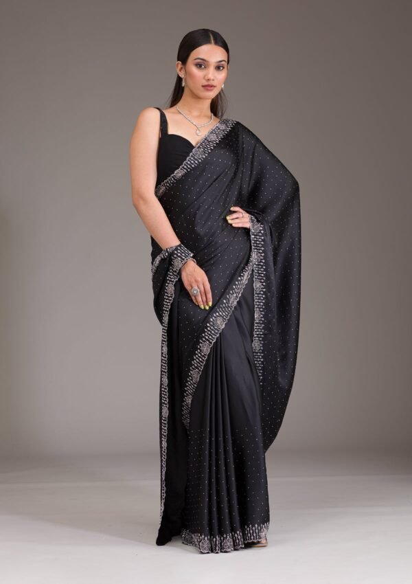 Elegant Black Satin Saree with Sparkling Swarovski Accents - Image 4