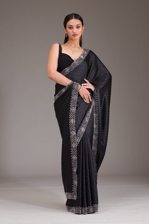 Elegant Black Satin Saree with Swarovski Accents