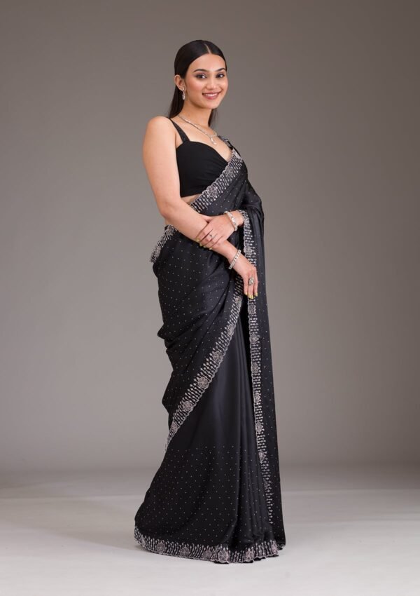 Elegant Black Satin Saree with Sparkling Swarovski Accents - Image 6