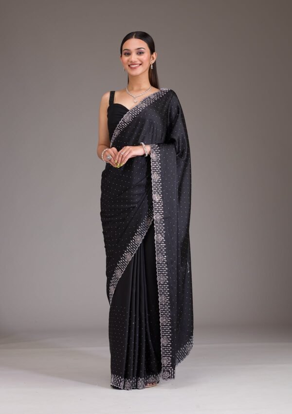 Elegant Black Satin Saree with Sparkling Swarovski Accents - Image 7