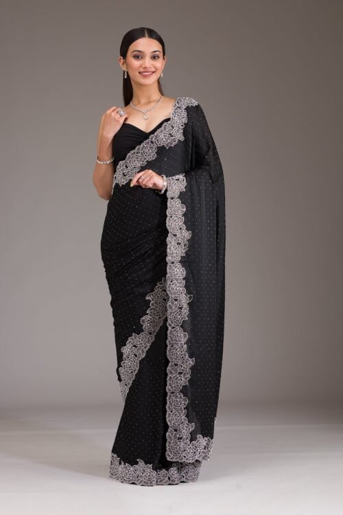 Elegant Black Satin Saree Adorned with Swarovski Crystals