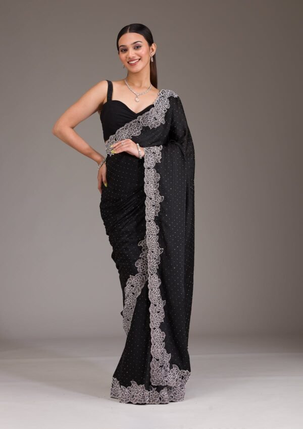 Elegant Black Satin Saree Adorned with Swarovski Crystals - Image 5