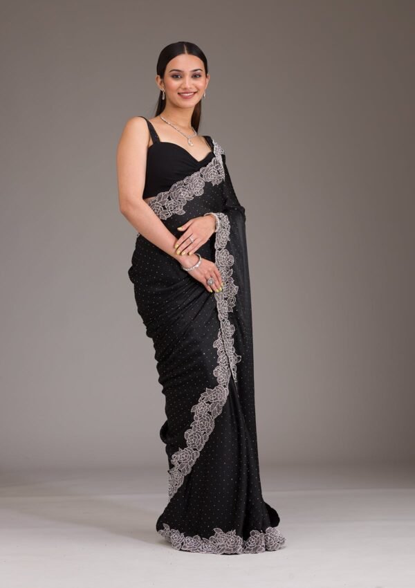 Elegant Black Satin Saree Adorned with Swarovski Crystals - Image 8