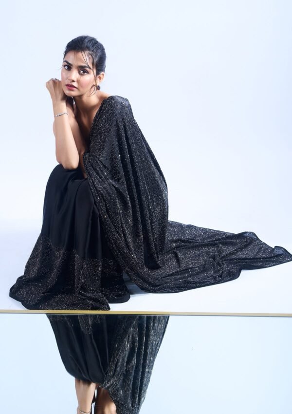 Elegant Black Stone-Embellished Crepe Designer Saree - Image 7