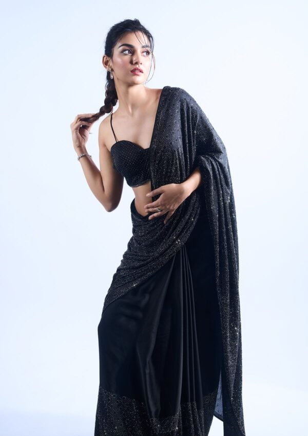 Elegant Black Stone-Embellished Crepe Designer Saree - Image 10