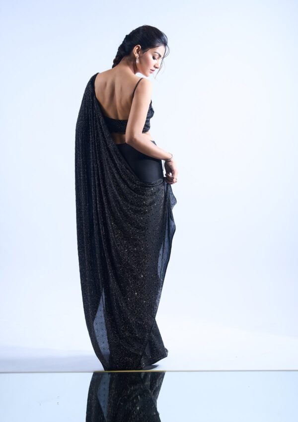 Elegant Black Stone-Embellished Crepe Designer Saree - Image 9