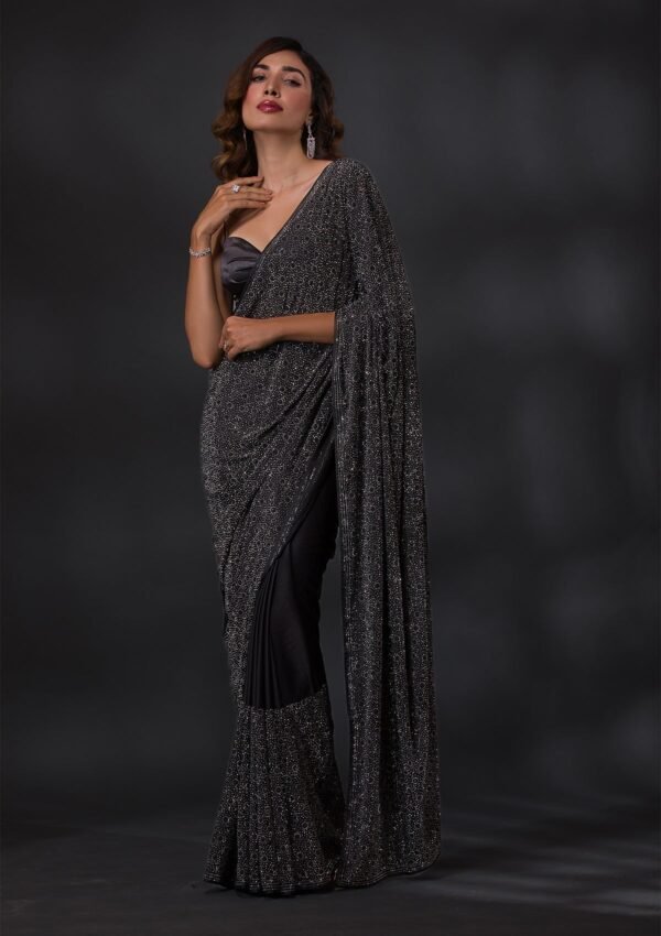Elegant Black Stone-Embellished Crepe Designer Saree - Image 4