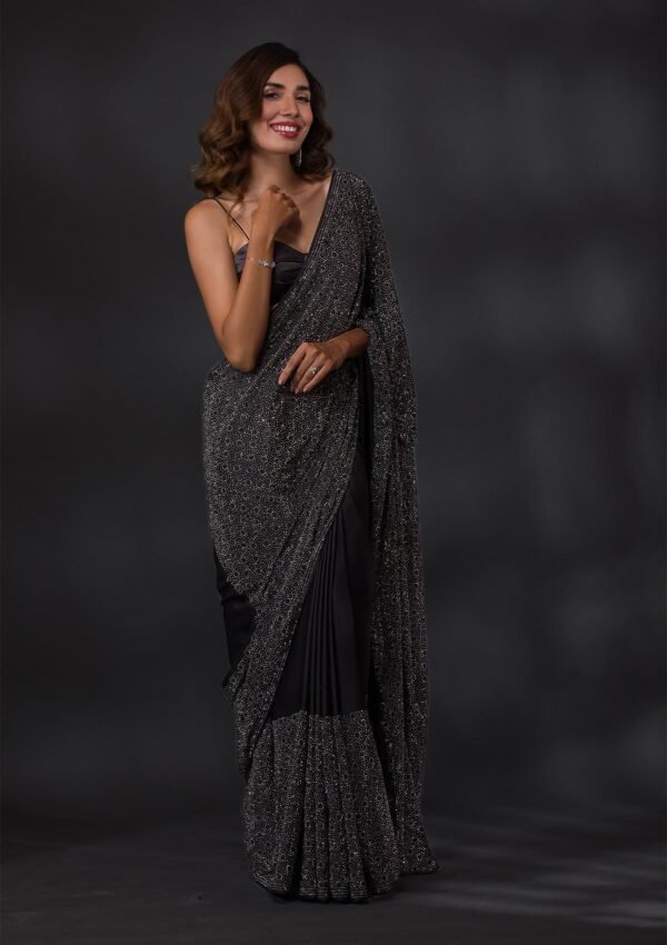 Elegant Black Stone-Embellished Crepe Designer Saree - Image 5