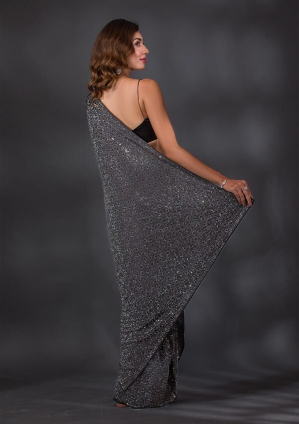Elegant Black Stone-Embellished Crepe Designer Saree - Image 2