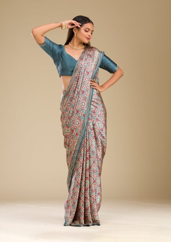 Elegant Blue Satin Saree with Stunning Prints - Image 3