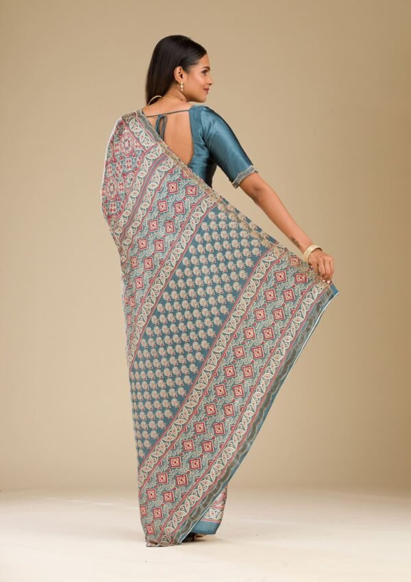 Elegant Blue Satin Saree with Stunning Prints - Image 2