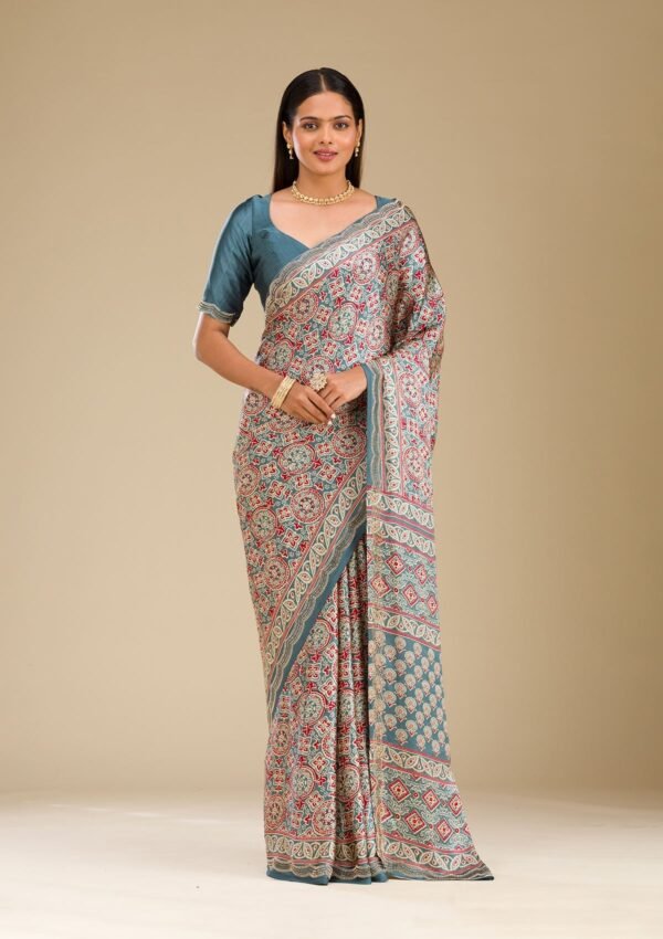 Elegant Blue Satin Saree with Stunning Prints - Image 4