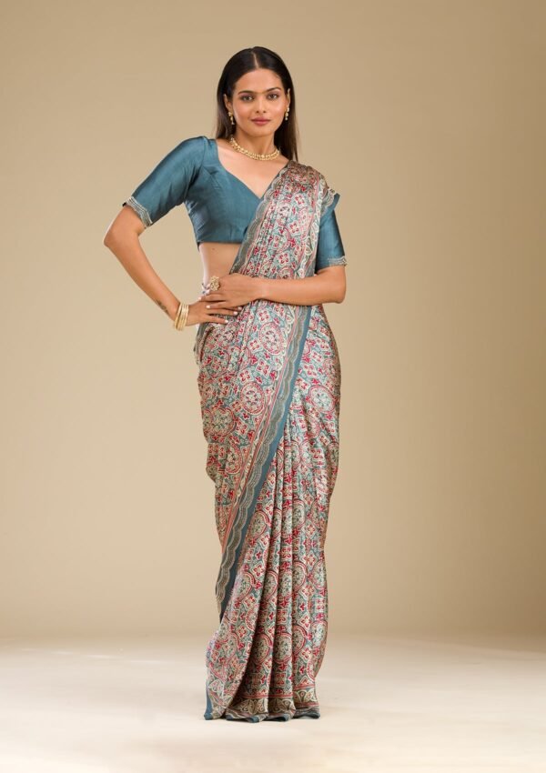 Elegant Blue Satin Saree with Stunning Prints - Image 5