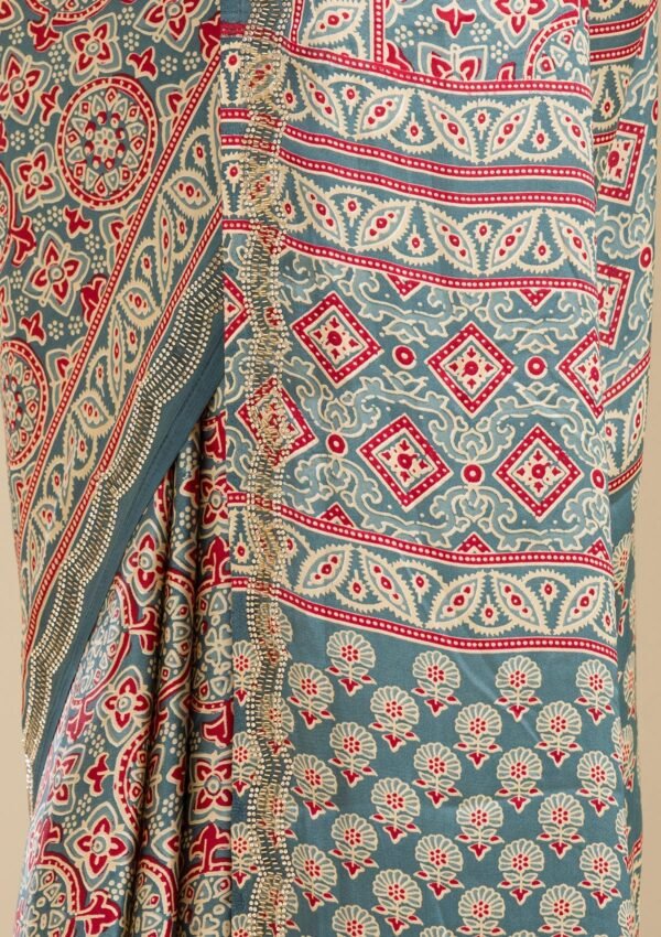 Elegant Blue Satin Saree with Stunning Prints - Image 8