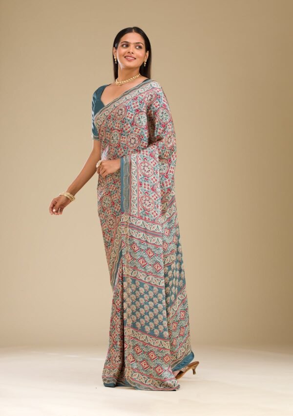 Elegant Blue Satin Saree with Stunning Prints - Image 6