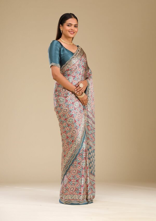 Elegant Blue Satin Saree with Stunning Prints - Image 7