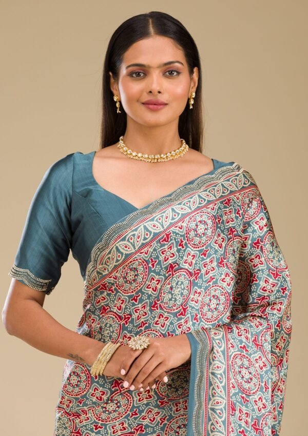 Elegant Blue Satin Saree with Stunning Prints - Image 9