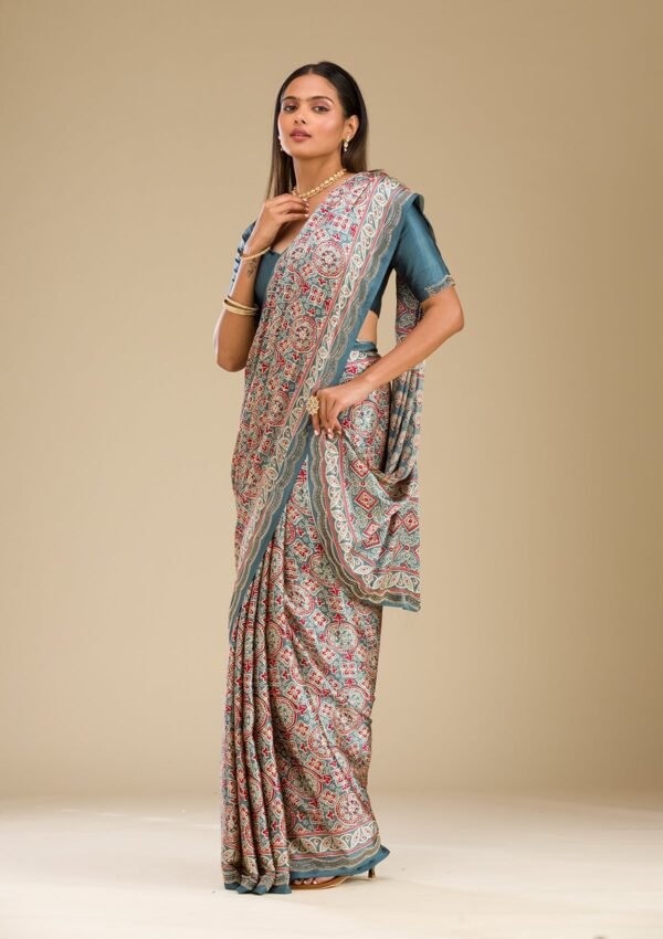 Elegant Blue Satin Saree with Stunning Prints - Image 10