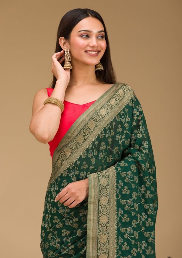 Elegant Bottle Green Georgette Saree with Stunning Zariwork - Image 3