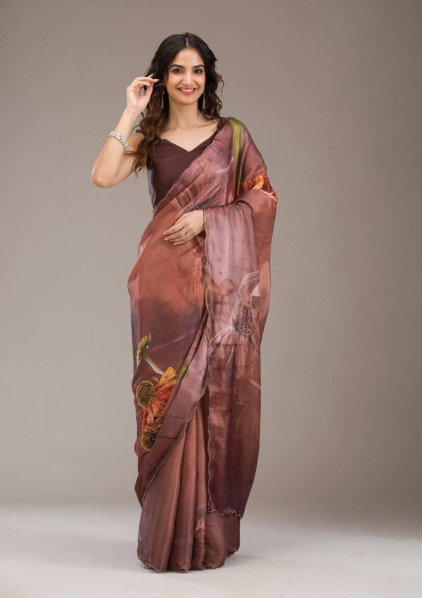 Elegant Brown Printed Tissue Saree for a Stylish Look