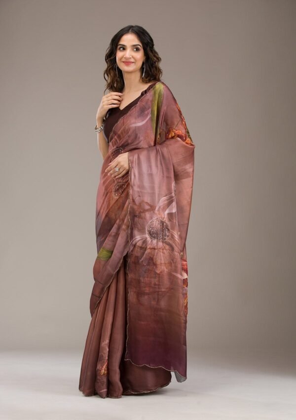 Elegant Brown Printed Tissue Saree for a Stylish Look - Image 3