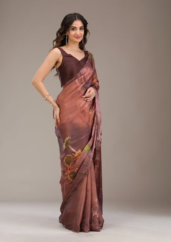 Elegant Brown Printed Tissue Saree for a Stylish Look - Image 4