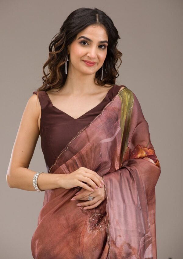 Elegant Brown Printed Tissue Saree for a Stylish Look - Image 6