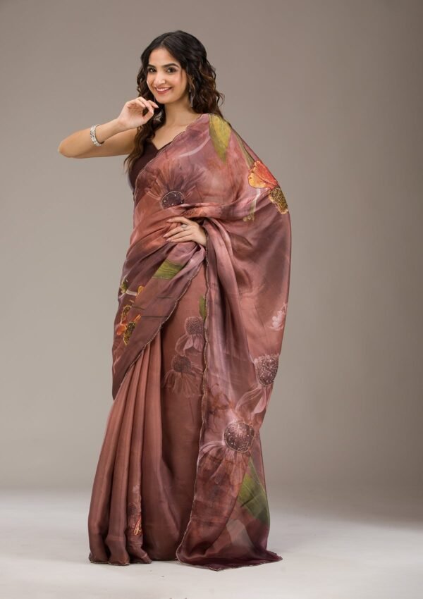 Elegant Brown Printed Tissue Saree for a Stylish Look - Image 5