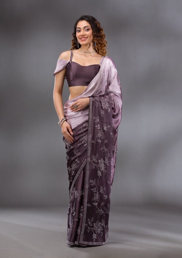 Elegant Brown Satin Saree with Intricate Stonework - Image 6