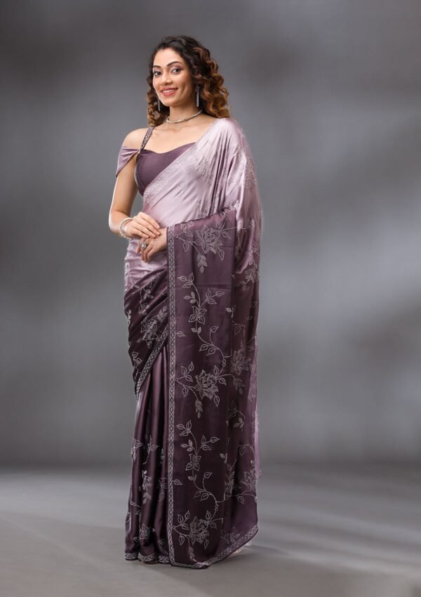 Elegant Brown Satin Saree with Intricate Stonework - Image 4