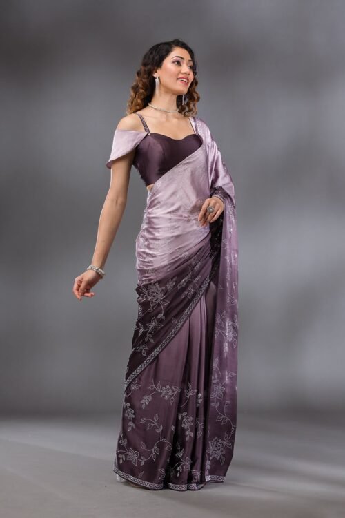 Elegant Brown Satin Saree with Intricate Stonework