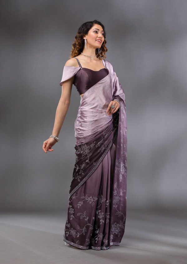 Elegant Brown Satin Saree with Intricate Stonework