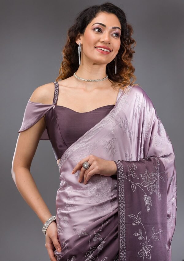 Elegant Brown Satin Saree with Intricate Stonework - Image 3