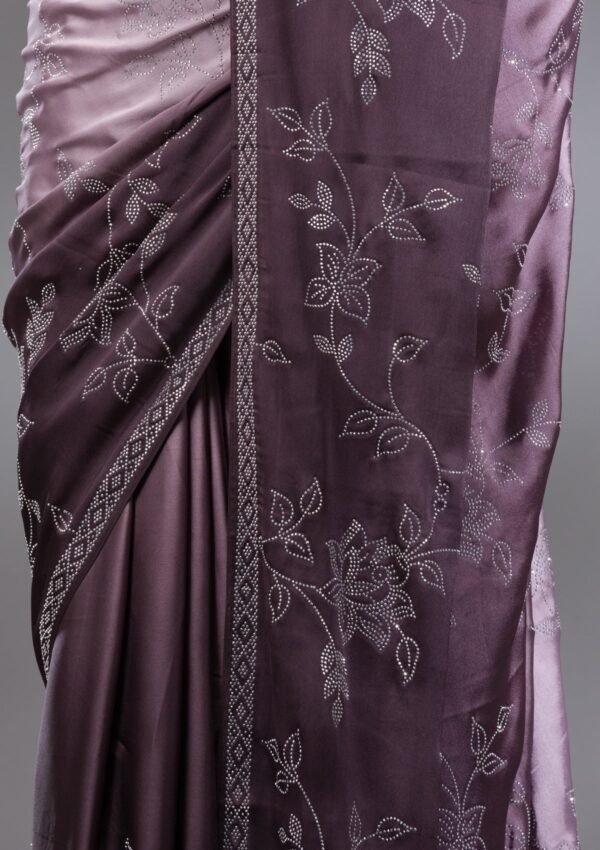 Elegant Brown Satin Saree with Intricate Stonework - Image 7