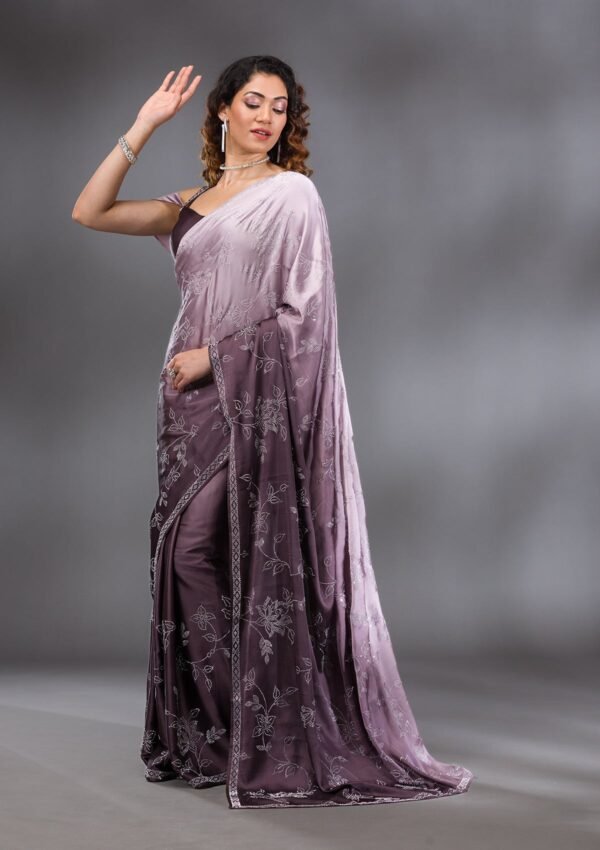 Elegant Brown Satin Saree with Intricate Stonework - Image 5