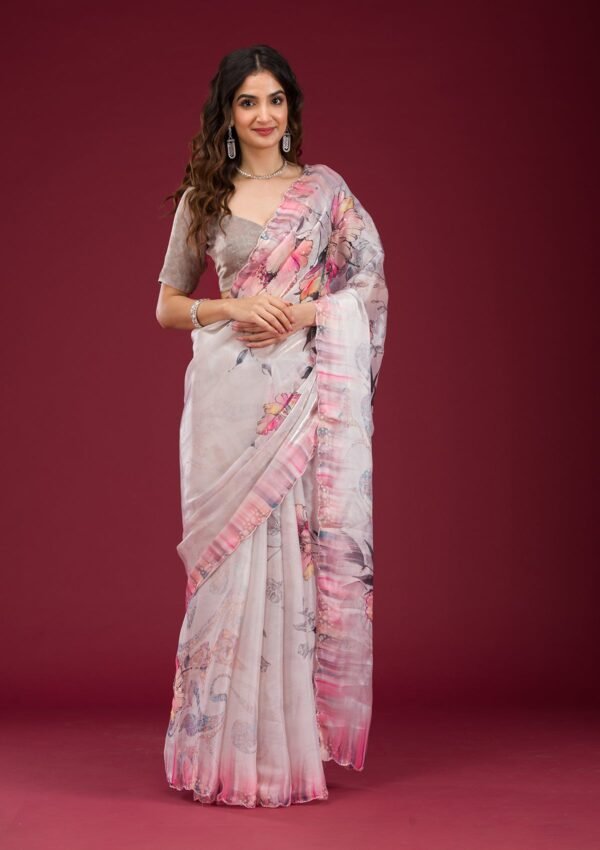 Elegant Cream Printed Tissue Saree for Stylish Occasions - Image 3