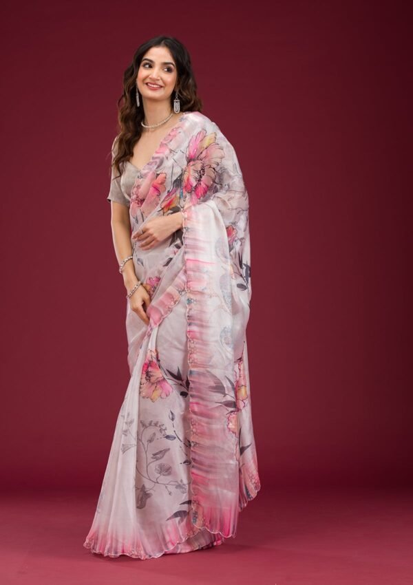 Elegant Cream Printed Tissue Saree for Stylish Occasions - Image 4
