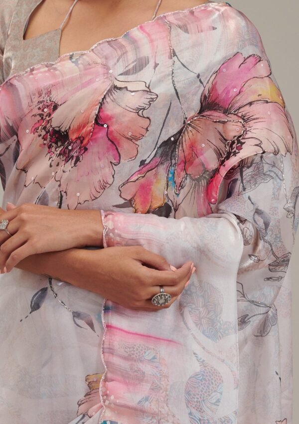 Elegant Cream Printed Tissue Saree for Stylish Occasions - Image 7