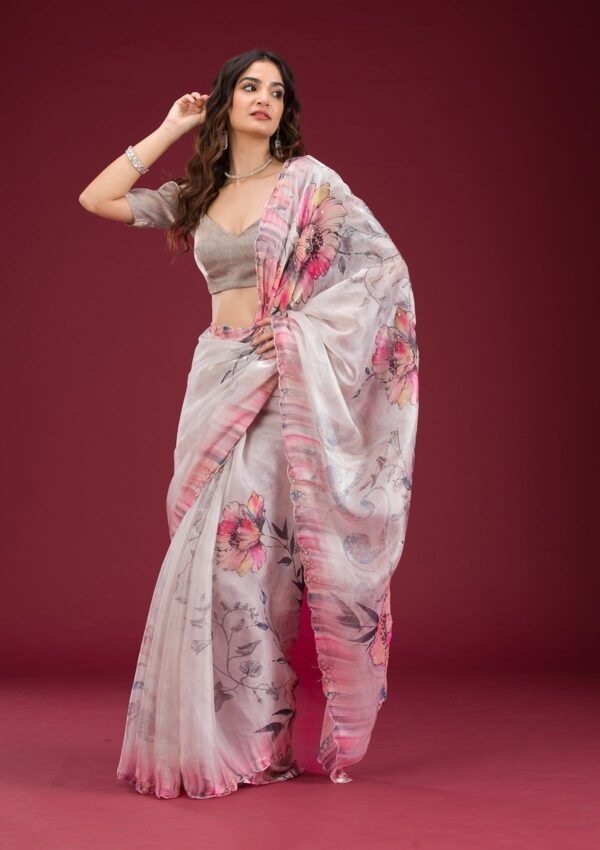 Elegant Cream Printed Tissue Saree for Stylish Occasions