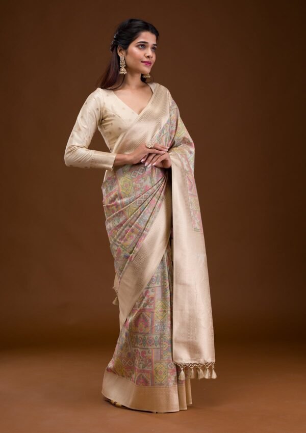Elegant Cream Banarasi Silk Saree with Intricate Zari Work - Image 4